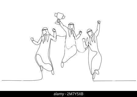 Drawing of arab businessman jumps in the air with trophy cup in the hand getting recognition. Single continuous line art style design Stock Vector
