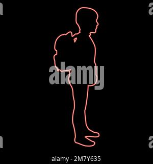 Neon schoolboy with backpack Pupil stand carrying on back Going to school concept Come back to school idea education Preschooler rucksack first Stock Vector