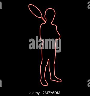 Neon boy holds badminton racket Cute young child holding standing toy shuttlecock Happy concept Teenage action Summer sport activity Camp concept Kid Stock Vector