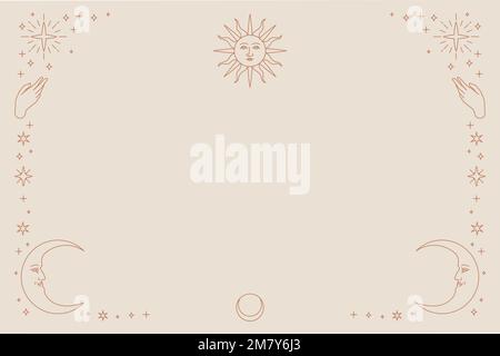 Gold celestial vector sun and crescent moon monoline background on beige Stock Vector
