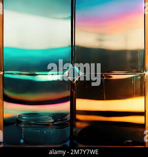 Background design generated by the iridescent reflections and refractions of the glass divided into four plate-like sections, abstract, exquisite, ele Stock Photo