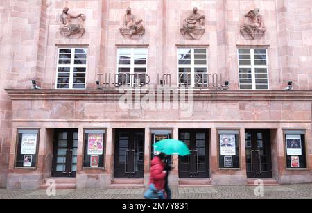 Zeitz, Germany. 11th Jan, 2023. The theater in the Capitol in the pedestrian zone. The industrial city is considered the heart of structural change in the Central German lignite mining region. Credit: Sebastian Willnow/dpa/Alamy Live News Stock Photo