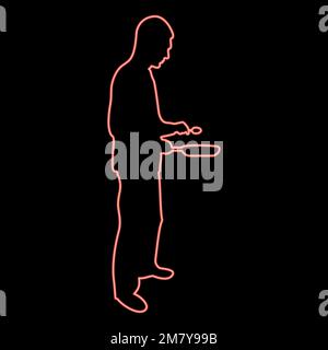 Neon man holds frying pan spoon Chef holding kitchen utensil Professional using Kitchen staff concept Domestic prepair food red color vector Stock Vector