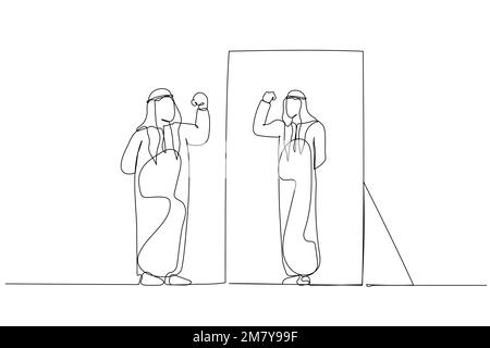Illustration of fat arab man looking into mirror seeing fit lean healthy version. One continuous line art style design Stock Vector