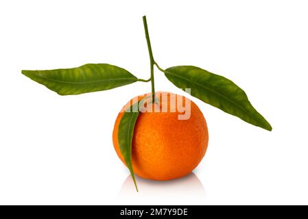 Ripe tangerine with green leaves, mandarin isolated on white with clipping path Stock Photo