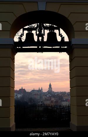 Skyline of Lublin Old Town at foggy dusk in autumn Stock Photo