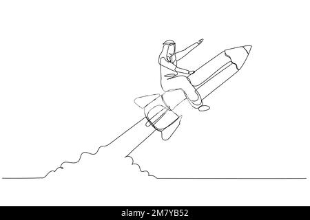 Cartoon of businesswoman riding pencil rocket flying in the sky concept of education. Single continuous line art design Stock Vector