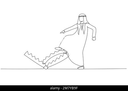 Drawing of arab man carefully walk into mouse trap concept business risk. Single continuous line art style design Stock Vector