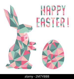 Vector illustration with mosaic style Happy Easter inscription, Bunny, Easter egg. Festive concept. Holiday background. Surprise. Hunt for Easter eggs Stock Vector