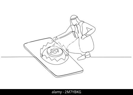 Illustration of arab man want want to snatch golden coin in mousetrap. One line style art design Stock Vector