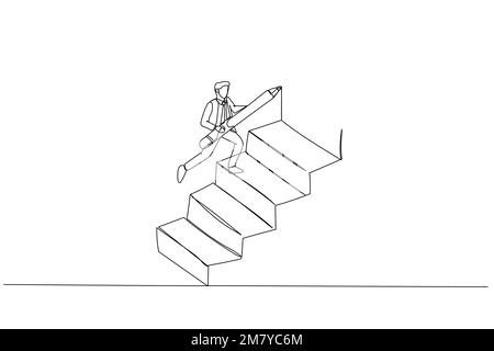 Drawing of businessman using pencil to draw big stair to climb up to success concept of ambition. Single continuous line art design Stock Vector