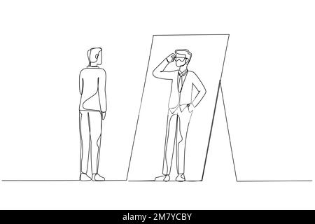 Drawing of businessman looking into self putting eyegless looking cool. Continuous line art design Stock Vector
