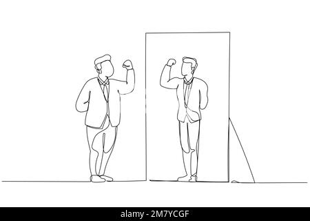 Drawing of fat businessman looking into mirror seeing fit lean healthy version. Single continuous line art style design Stock Vector