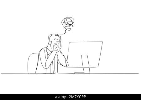 Illustration of businessman depressed suffered in workplace. Single line art style design Stock Vector