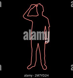 Neon man is combing hair use hairbrush Front view red color vector illustration image flat style light Stock Vector