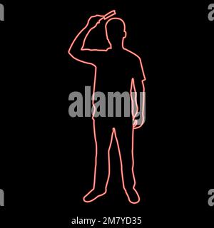 Neon man is combing hair use hairbrush Front view red color vector illustration image flat style light Stock Vector