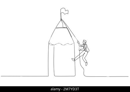 Cartoon of businessman climbing pencil mountain to reach winning flag concept of reach goal. One continuous line art style design Stock Vector