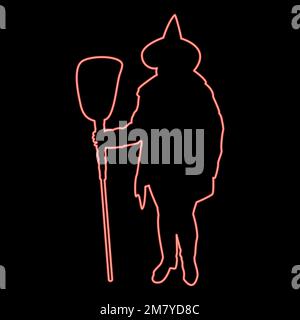 Neon fairy Wizard Witch holding broom Subject for Halloween concept red color vector illustration image flat style light Stock Vector