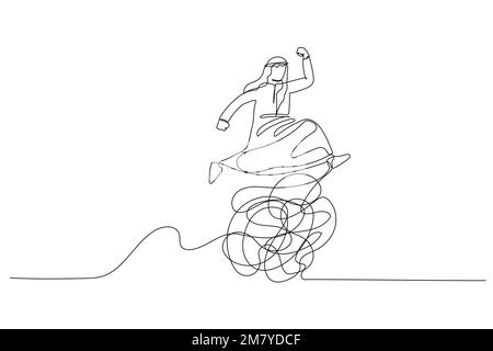 Cartoon of arab man jumping over messy line metaphor of overcoming trouble and difficulty. Single line art style design Stock Vector