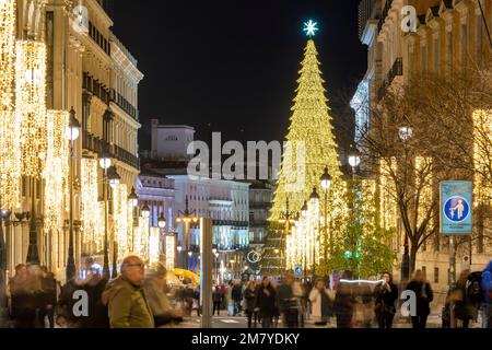 Night view of Calle de Alcala adorned with Christmas lights, Madrid, Spain Stock Photo