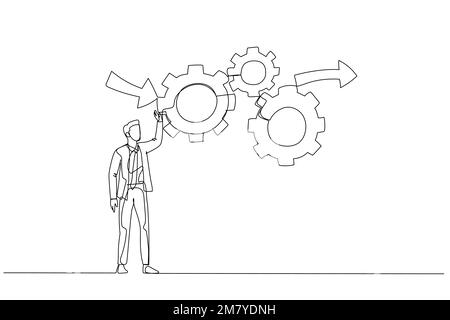 Illustration of businessman make cogwheels work effective and efficient for best result concept of workflow management. Single line art style design Stock Vector