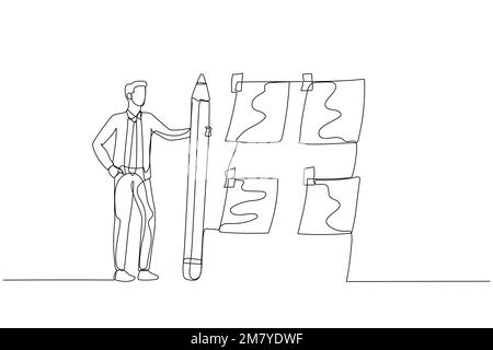 Illustration of businessman with pencil sort sticky notes concept of prioritize work. Single continuous line art design Stock Vector
