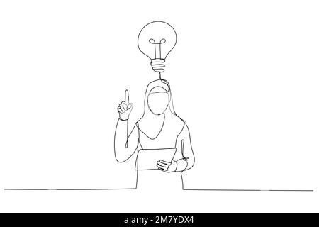 Illustration of astonish muslim businesswoman finally found a solution how to make exercise having raised pen and notebook in hands. Single continuous Stock Vector