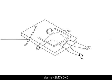 Cartoon of businessman got caught shut in mousetrap metaphor of business trap. One line art style design Stock Vector
