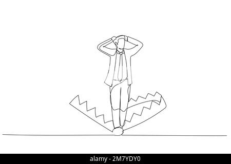 Drawing of businessman standing being caught in mouse trap metaphor of business risk. Single continuous line art style design Stock Vector
