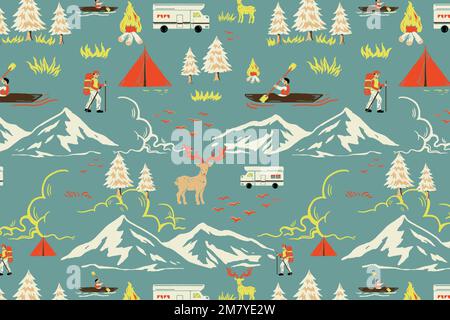 Green camping trip pattern vector with tourist cartoon illustration Stock Vector