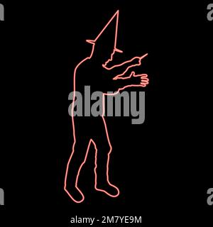 Neon wizard holds magic wand trick Waving Sorcery concept Magician Sorcerer Fantasy person Warlock man in robe with magical stick Witchcraft in hat Stock Vector