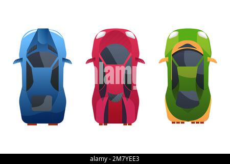 Set race car top view in cartoon style transport with shadows and light isolated on white background. Collection modern urban civilian vehicle. . Vector illustration Stock Vector