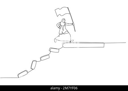 Drawing of muslim business woman jumping on collapse bridge to reach target concept of survival. One line style art design Stock Vector