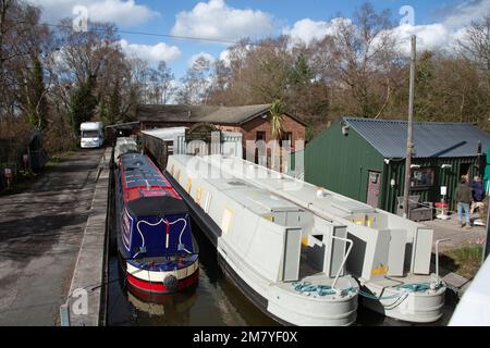 Narrow boats under construction and finishing at Braidbar Boat Yard Higher Poynton Cheshire England Stock Photo