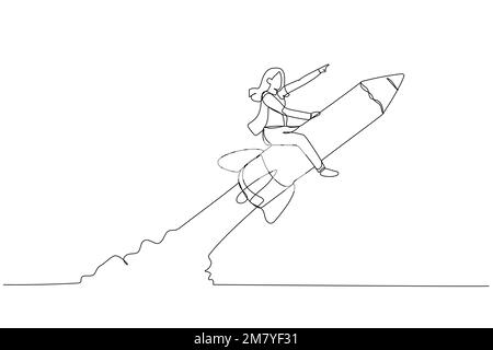 Cartoon of businesswoman riding pencil rocket flying in the sky concept of education. Single continuous line art design Stock Vector