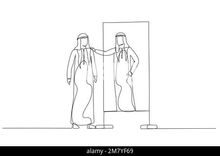Cartoon of arab man looking into mirror embrace self concept of self esteem self care. Single continuous line art style design Stock Vector