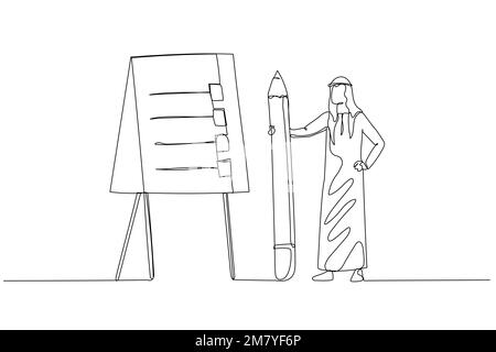Illustration of businesswoman present action plan with checklist step on whiteboard concept of procedure. Continuous line art style design Stock Vector
