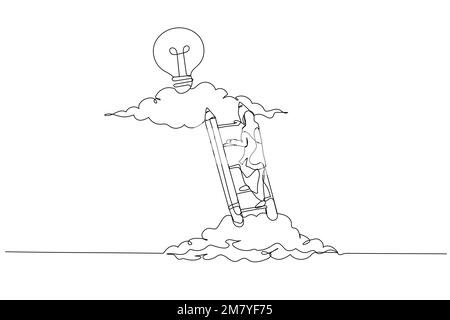 Drawing of muslim woman climbing ladder to upper cloud to find bright idea concept of creative inspiration. One line art style design Stock Vector