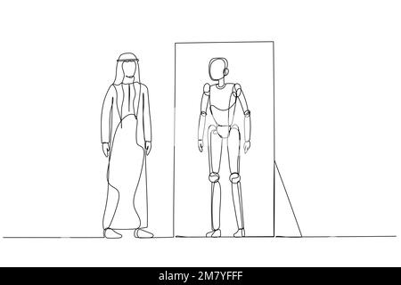 Cartoon of arab man looking into mirror and seeing robot version of self concept of Artificial Intelligence. Continuous line art style design Stock Vector