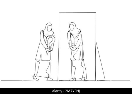 Drawing of woman wear hijab asking self and get answer after contemplating. Single continuous line art style design Stock Vector