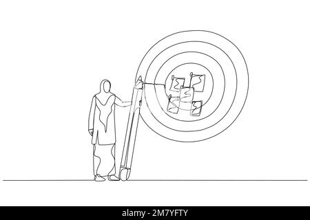 Illustration of muslim woman write down goal on notes and put on big dartboard concept of target setting. Continuous line art style design Stock Vector