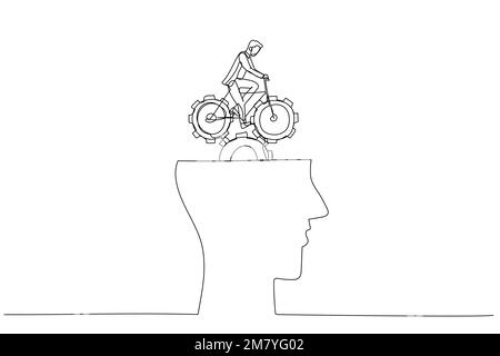 Drawing of businessman riding bike with gears on head. Continuous line art design Stock Vector