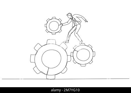 Cartoon of businessman & gear. One continuous line art style design Stock Vector