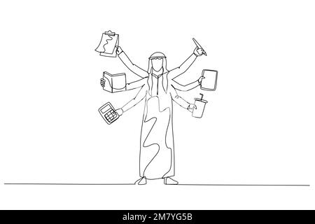 Illustration of arab man with several hand concept of multitasking. One line style art design Stock Vector
