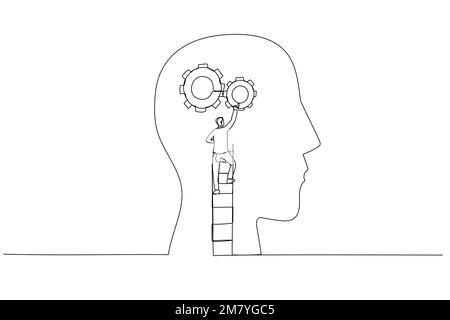 Cartoon of businessman using the ladder and installing gear on people head concept of thinking. One line style art design Stock Vector