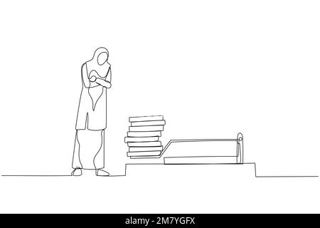 Drawing of muslim business woman looking analyze dollar coin profit on mousetrap. One line style art design Stock Vector