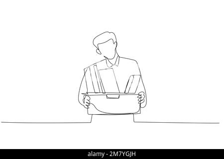 Cartoon of stress businessman stand holding box full of belonging after being fired. One line art style design Stock Vector