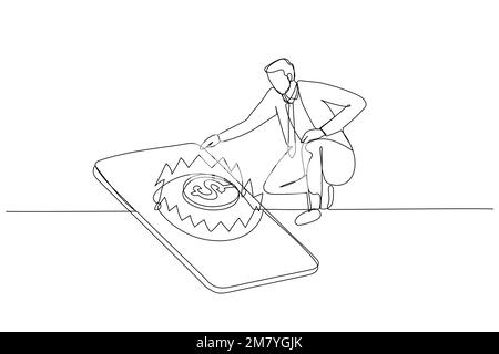 Drawing of businessman want want to snatch golden coin in mousetrap. Continuous line art style design Stock Vector