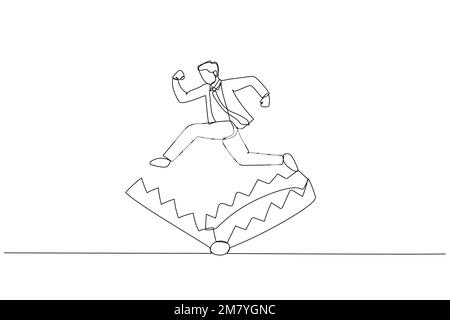 Illustration of businessman jump over trap metaphor of avoid scam business project. Single continuous line art design Stock Vector