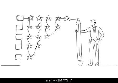 Cartoon of businessman holding pencil to evaluate star feedback concept of evaluation feedback. One line style art design Stock Vector